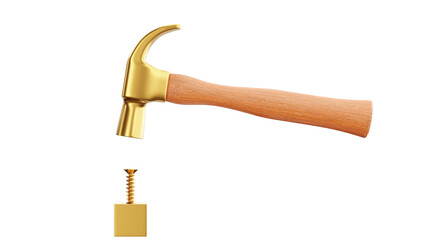 golden hammer and screws 3d rendering