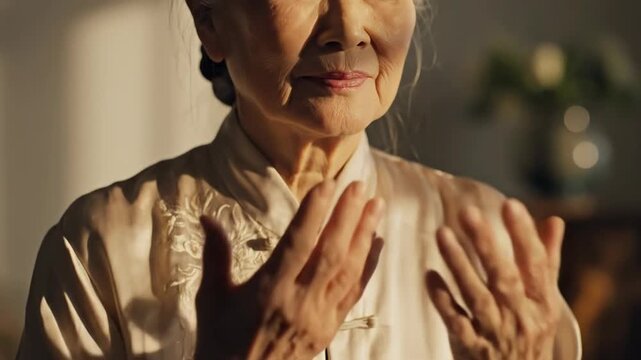 Serene Elderly Asian Woman Meditating in Soft Sunlight, Peaceful Expression, Close-up