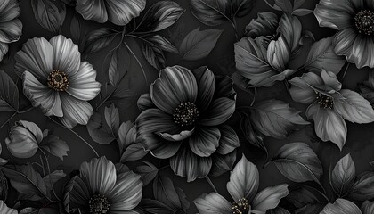 Elegant gray-toned floral pattern featuring large blooms, leaves, and dark background, creating an enchanting, monochromatic scene