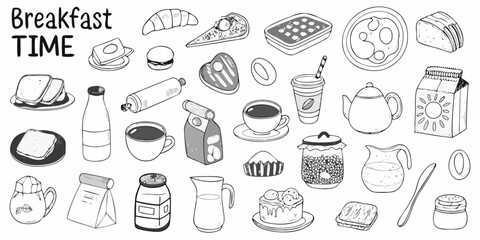 A collection of breakfast items including pastries drinks and dairy