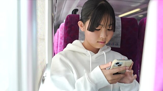 電車でスマホを見る10代の女性