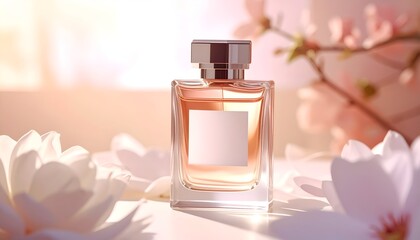 Elegant, square perfume bottle with blank label, amidst soft floral petals on a bright, sunlit surface
