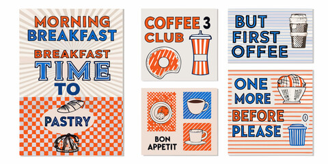 Colorful breakfast and coffee themed posters with playful typography