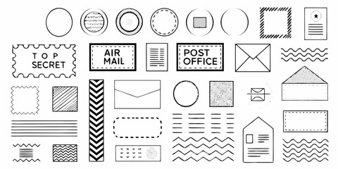 Collection of black and white postal and decorative graphic elements