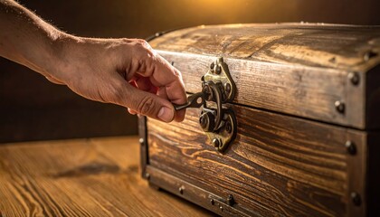 Hand Turning Key in Antique Wooden Treasure Chest with Ornate Metal Lock and Warm Dramatic Lighting