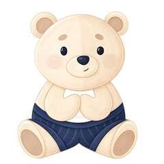 Cute cartoon teddy bear sitting on floor in dark blue pants with small round ears
