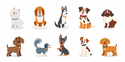 Collection of cartoon dogs and puppies in various colors and breeds