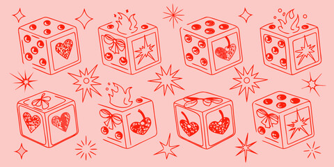 Red line art illustration of dice cherries and hearts with starbursts