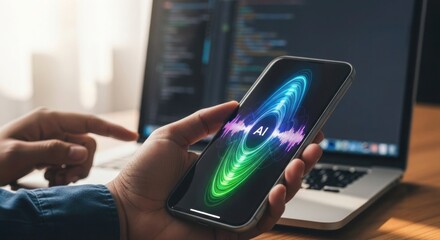 A person holding a smartphone with an AI app in front of a laptop computer