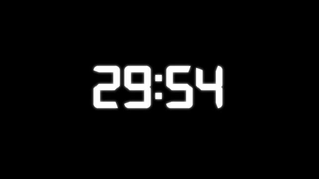 Countdown timer from 30 minute to 29 minute on black background.Countdown timer for deadline reminders,productivity, deadlines,presentations,time management concepts.