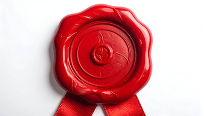 Embossed red wax seal with ribbon on white background, detailed with circular pattern and central star shape
