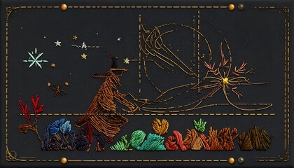 Embroidered witch on a dark backdrop amidst stars, with colorful tufted foreground and golden line art behind