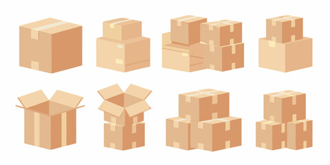 Isometric cardboard boxes in various arrangements and states of assembly