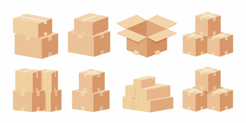 Isometric cardboard boxes in various stacked and open arrangements