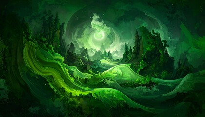 Emerald valley landscape, with swirling green mist and towering green rock formations under a luminous sky