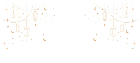 Islamic background with hanging lanterns, crescent moons, and stars in line art style. Elegant ramadan kareem and eid mubarak festive design © afifurochim