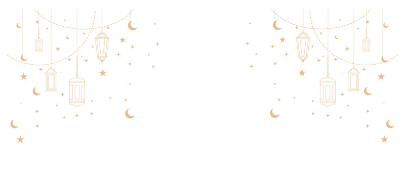 Islamic background with hanging lanterns, crescent moons, and stars in line art style. Elegant ramadan kareem and eid mubarak festive design