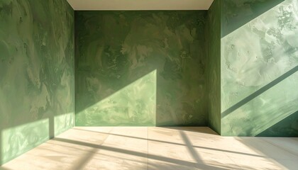 Empty room with green textured walls and sunlight streaming in, onto beige floor tiles