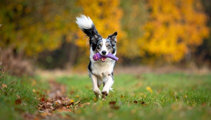 Energetic dog runs through autumnal grassy field, toy in mouth, tail flying, bright fall foliage backdrop
