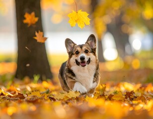 Energetic corgi runs gleefully through a vibrant autumn leaf pile in a sun-dappled park