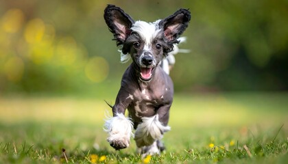Energetic, hairless dog runs happily on green grass, ears flopping, nose to the camera