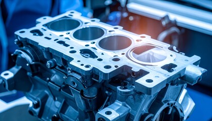 Engine block view with visible cylinders, machining marks, and complex mechanical design