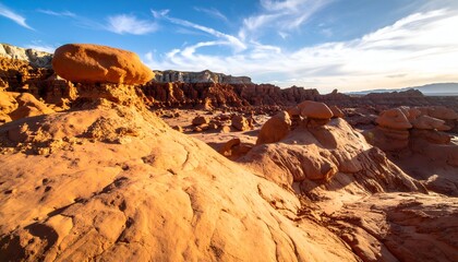 Eroded red rock formations under a blue sky with wispy clouds creating a surreal, arid landscape