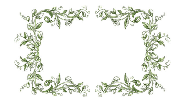 Elegant floral frame border with climbing green vines and delicate white flowers in a hand drawn vintage style on white background.