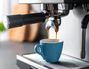 Espresso machine dispensing coffee into a blue cup, close up, with kitchen in background