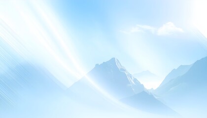 Ethereal landscape. Peaks rise through the mist under a bright, dreamy sky with light flares. Calm, serene