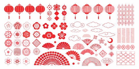 A collection of red chinese new year decorative elements and patterns