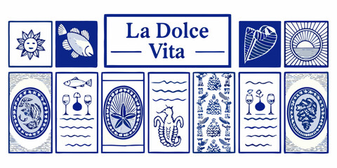 Naklejka premium Blue and white decorative tiles featuring marine life and italian phrases