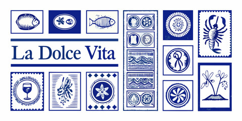 A collection of blue and white decorative tile images with text