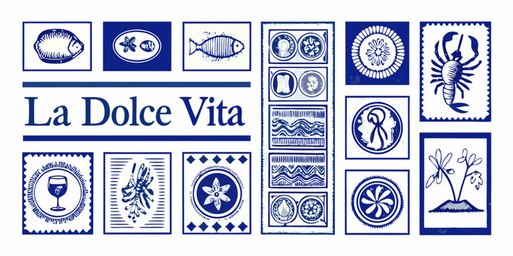 A collection of blue and white decorative tile images with text