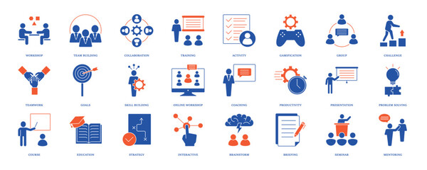 Workshop icon set. Containing team building, collaboration, teamwork, coaching, problem solving, education, strategy and education icons. Solid icon collection. eps 10
