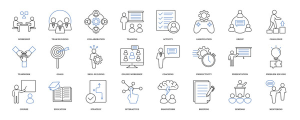 Workshop icon set. Containing team building, collaboration, teamwork, coaching, problem solving, education, strategy and education icons. Solid icon collection. eps 10