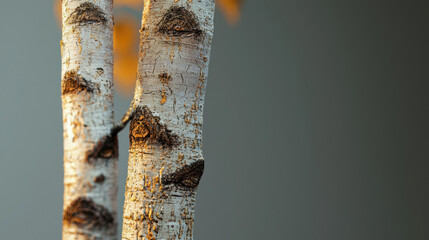 Naklejka premium Two striking birch tree trunks with textured white bark are captured in a close-up shot against a soft gray background, highlighting the natural details and patterns.