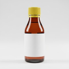 Amber glass bottle with yellow cap and blank label isolated on white background