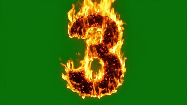Spectacular flaming number three made of hot coals and red embers with intense flickering fire effects isolated on a vivid chroma key green background