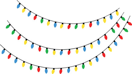 Colorful string lights garland illustration representing festive decoration, holiday celebration, party lighting, Christmas decor, and cheerful event atmosphere on white background