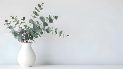 Vase with eucalyptus branches on a white background on a white table