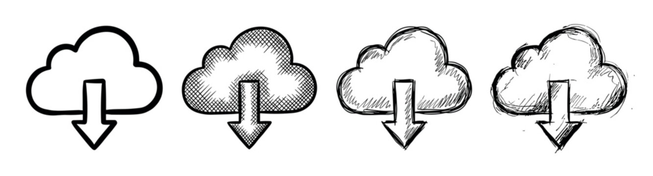 Four hand-drawn cloud computing download icons presented in a row, showcasing different doodle and sketch art styles from a clean outline to a rough, scribbled illustration
