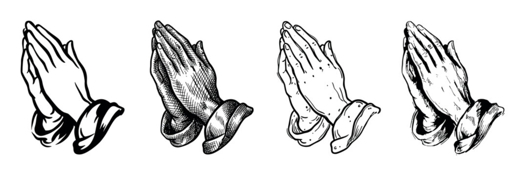 Set of four praying hands illustrations in various hand-drawn sketch styles, representing faith, hope, and spiritual supplication with classic monochrome ink line art