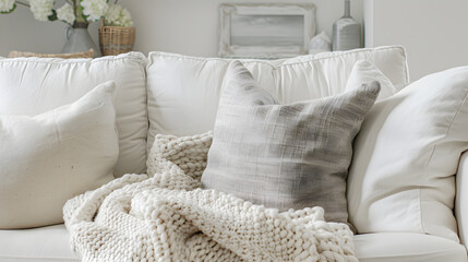 White sofa in the living room with pillows, interior of a living room 