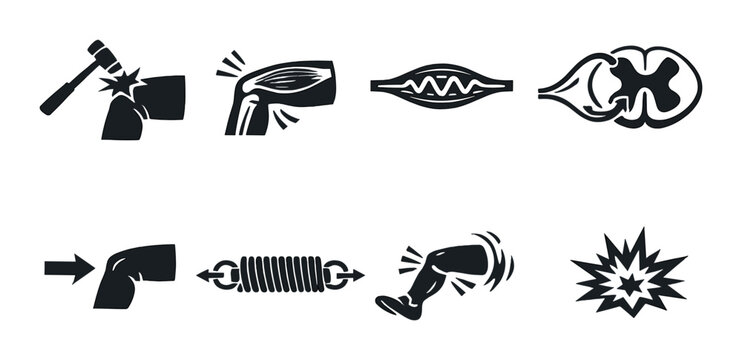 Black icons representing physics concepts on grey background