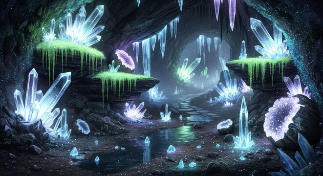 A crystal cave landscape with glowing crystals and mossy rocks in a fantasy setting with a stone path