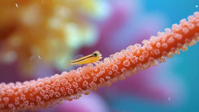 macro shot of tiny goby fish on whip coral