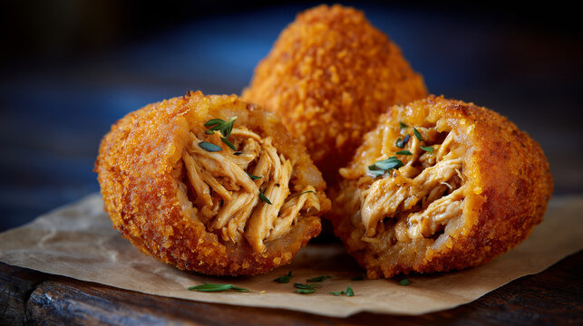 Ultra-detailed close-up of a fried coxinha resting on parchment paper, crunchy golden shell with visible breadcrumbs, shredded chicken filling peeking out, natural window light, ap