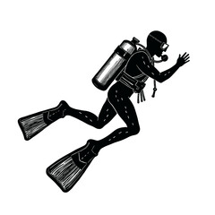 A realistic scuba diver swimming horizontally underwater in detailed style. Concept of professional diving and sea adventure - underwater sport - exploration