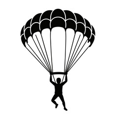 A graphic illustration of a parachuter descending with open parachute canopy in centered vertical design. Concept of extreme sport and sky adventure - parachuting - landing